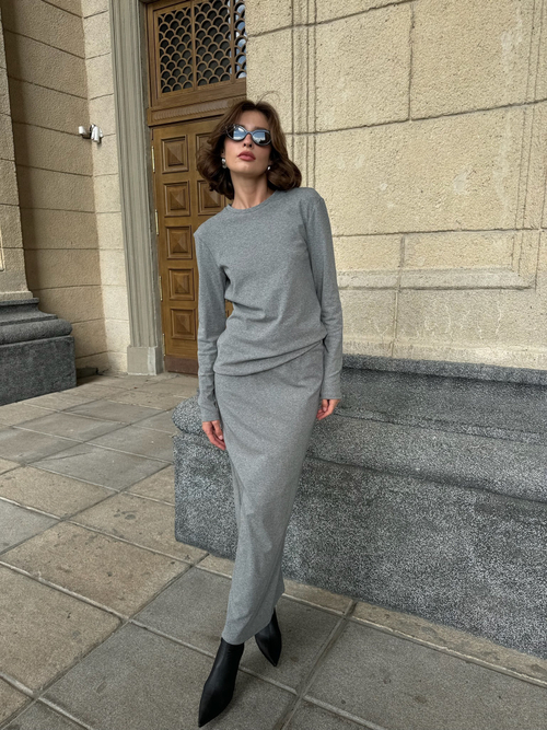 Лонгслив из хлопкового трикотажа серый меланж