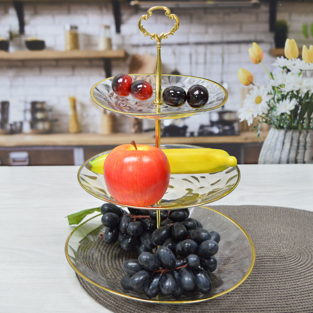 Фруктовница 3-х ярусная 35*24см прозрачная с золотой каймой, PP