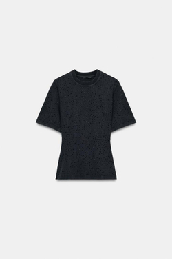 ZARA ФУТБОЛКА С БЛЁСТКАМИ С КОРОТКИМИ РУКАВАМИ, ЧЕРНЫЙ