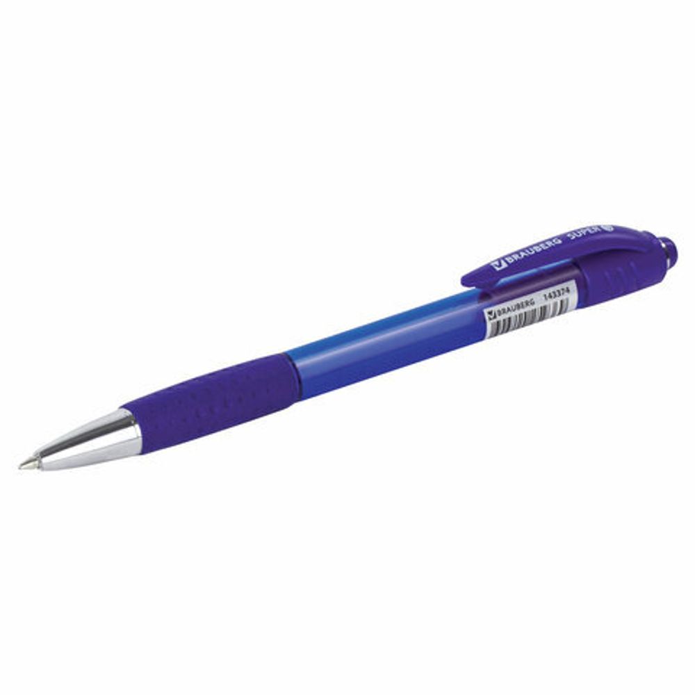 Ручка шариковая автоматическая с грипом BRAUBERG SUPER, СИНЯЯ, корпус синий, узел 0,7 мм, линия письма 0,35 мм, 143374