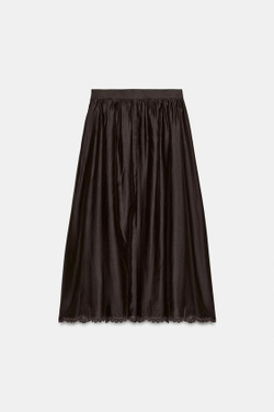 ZARA ОБЪЕМНАЯ ЮБКА МИДИ С ВЫШИВКОЙ, КОРИЧНЕВЫЙ