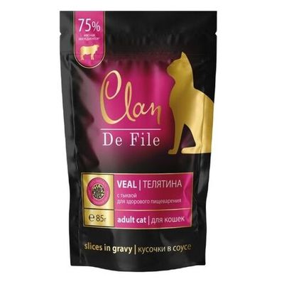 Влажный корм для кошек CLAN De File Телятина с тыквой в соусе, пауч 85 г (УЦЕНКА)