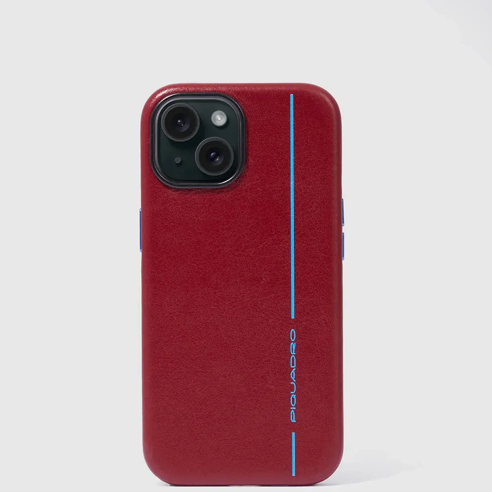 Чехол кожаный для iPhone® 15 Piquadro Blue Square/Red