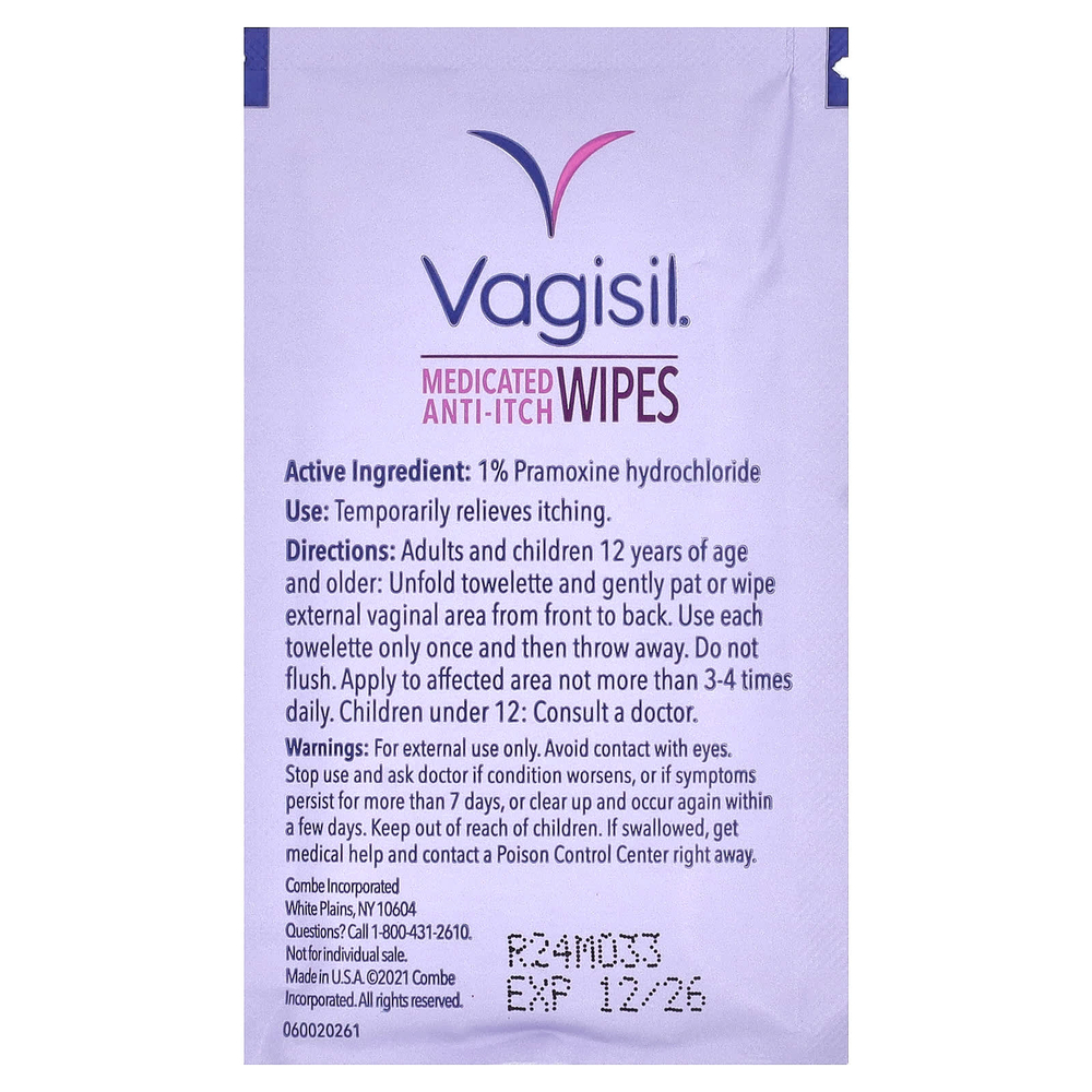 Vagisil, лечебные салфетки против зуда, максимальная сила действия, 12 одноразовых салфеток в индивидуальной упаковке