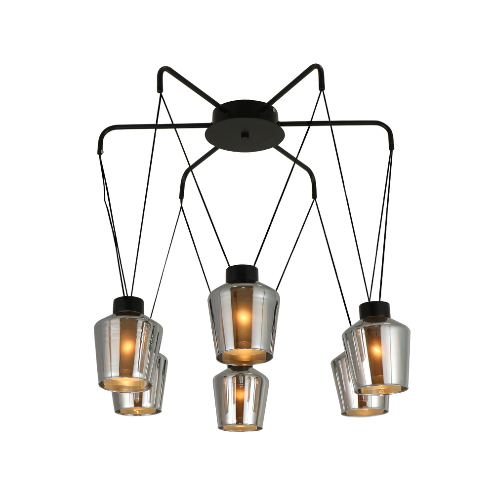 Люстра подвесная 6x40Вт E27, металл/стекло, черный, дымчатый плафон