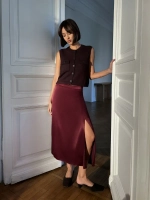 Юбка атласная с разрезом, шелковая на резинке, миди