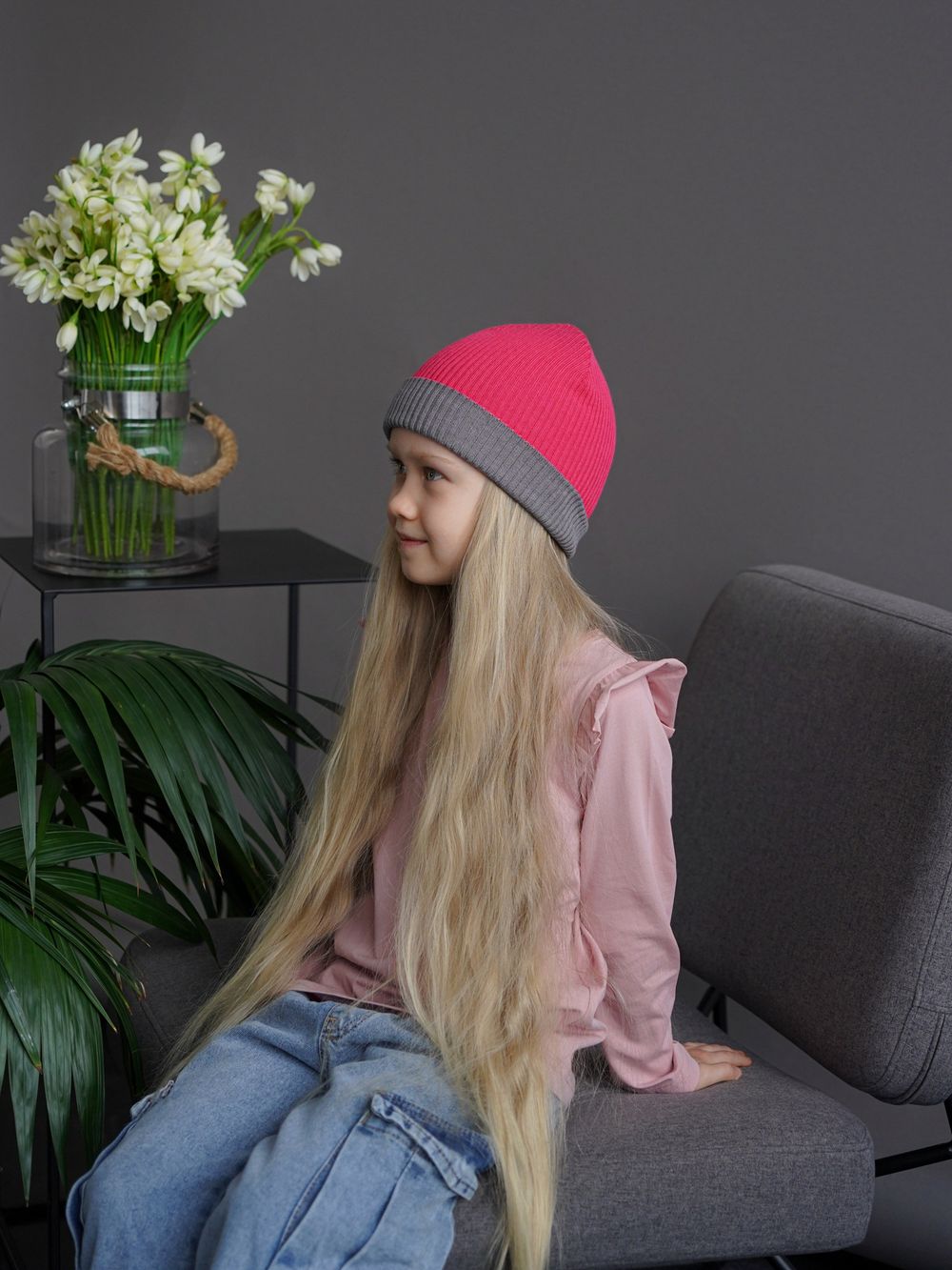 Шапка вязаная хлопковая ТВИНС(Фуксия, жемчужно-серый)