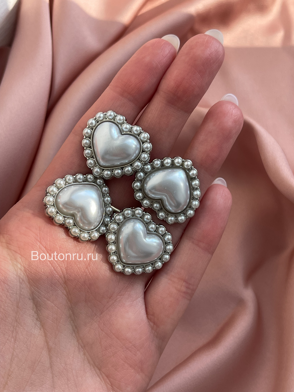 Пуговицы сердце серебро с жемчугом