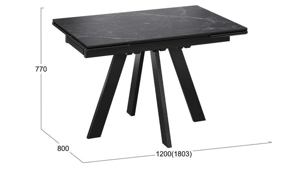 Стол кухонный обеденный раздвижной Черный муар/Керамика матовая серый мрамор 120(180)х80х77 см
