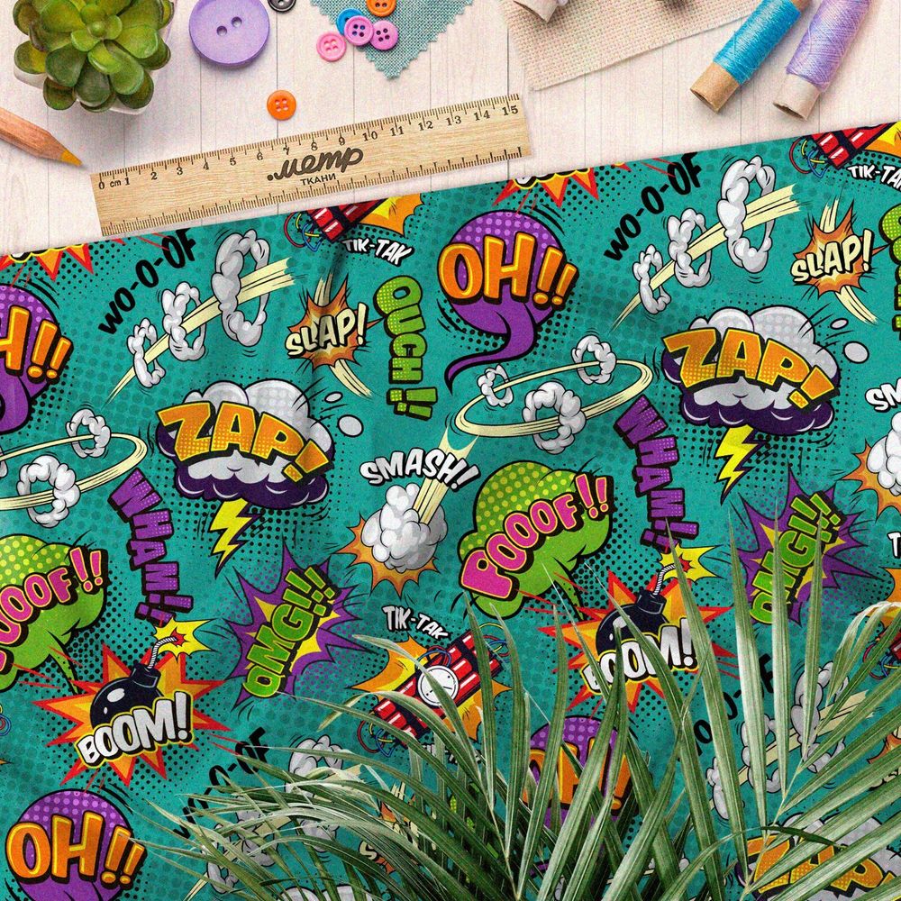 Ткань мембрана крупные звуки из комиксов на зелёном фоне