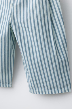 ZARA БРЮКИ В ПОЛОСКУ ИЗ ХЛОПКА И ЛЬНА, ГОЛУБОЙ