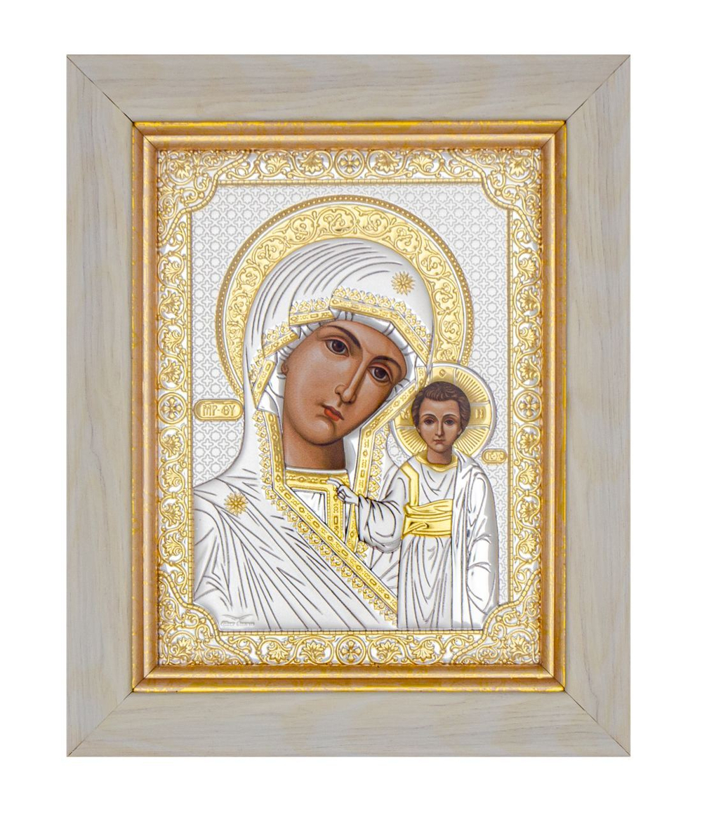Казанская БМ, икона прямоугольная в рамке под стеклом, белое дерево 232х280