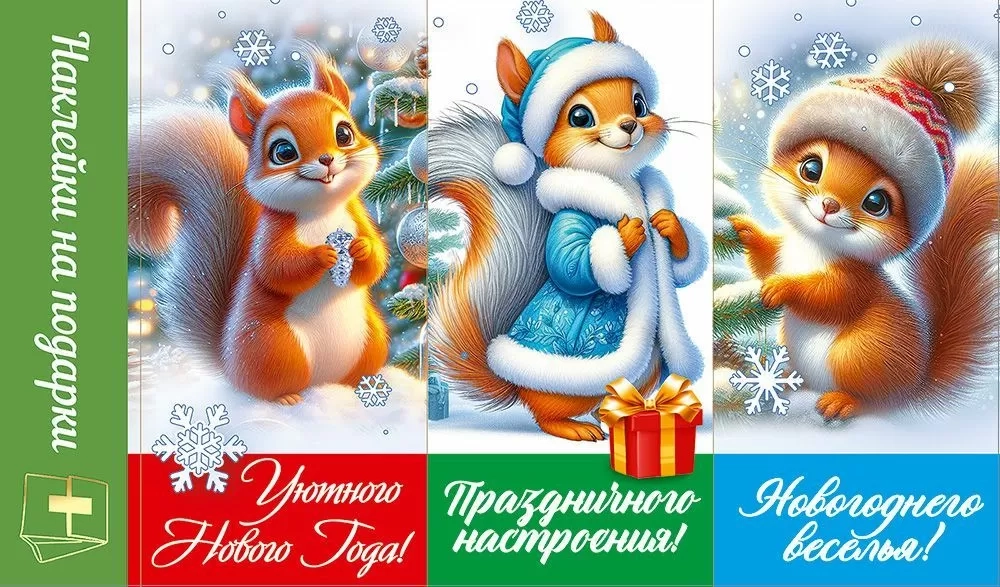 Новогодние наклейки на подарки с пожеланиями "Белочки"