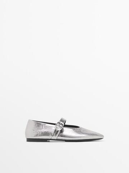 Massimo Dutti Блестящие балетки с пряжкой, серебряный