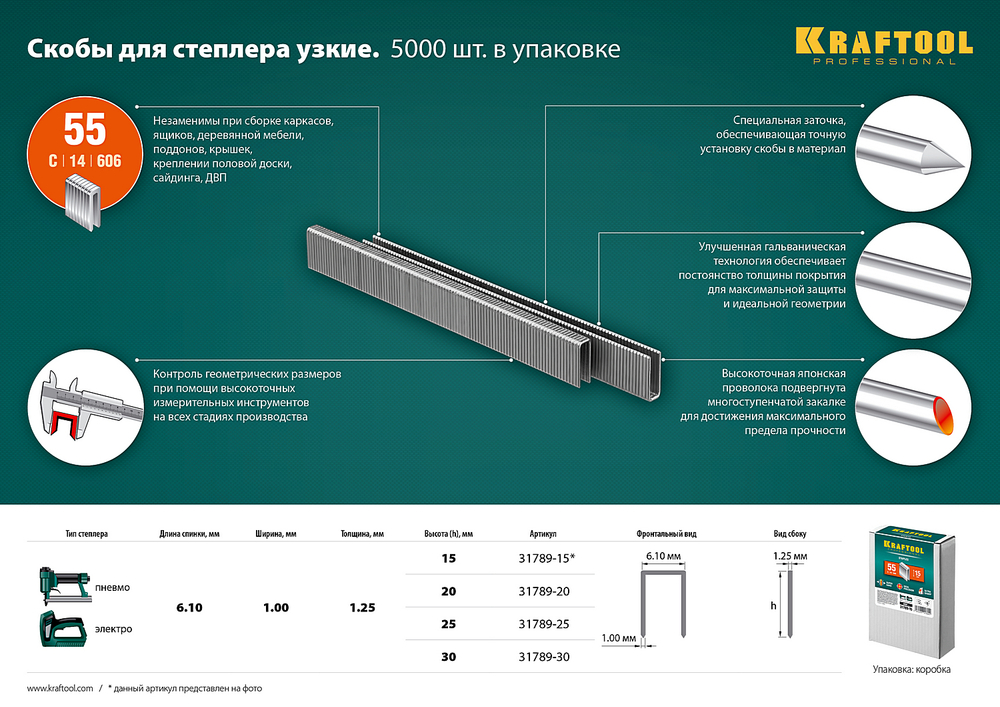 KRAFTOOL скобы тип 55 (90/C), 25 мм, калибр 18GA. 5000 шт (31789-25)