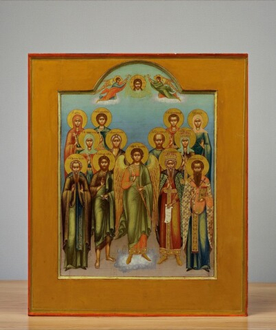 Ангел Хранитель с избранными святыми. Деревянная икона на левкасе