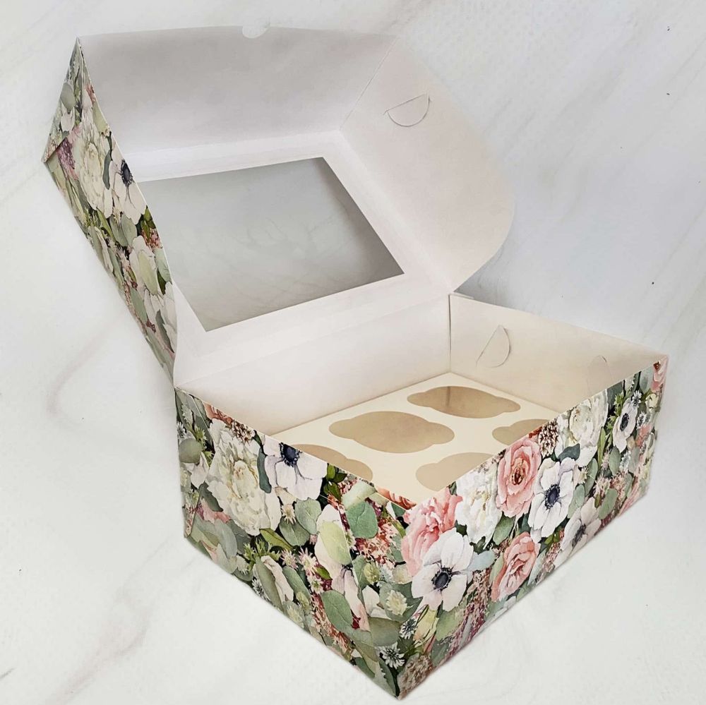 Упаковка для капкейков с окном Цветочки (6 ячеек ) 25*16*10 см