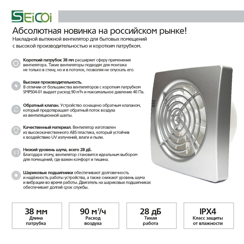 Накладной тонкий вентилятор Seicoi SMPS04-01 Silver