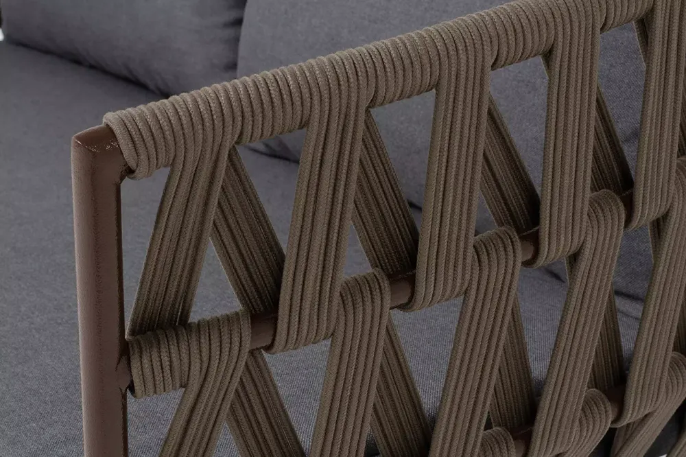 "Диего" диван 2-местный плетеный из роупа, каркас алюминий коричневый (RAL8016) муар, роуп коричневый круглый, ткань темно-серая 027