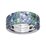 Кольцо с Бриллиантами, Сапфирами и Цаворитами, Белое Золото 750