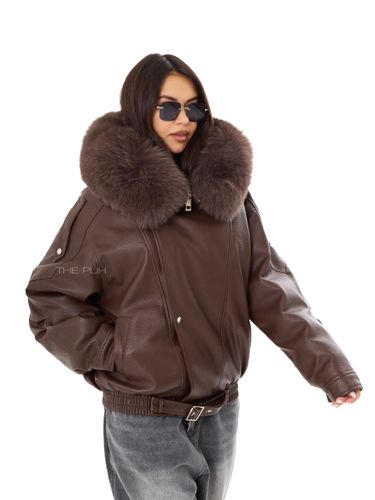 Шоколадный пуховик из эко-кожи с капюшоном