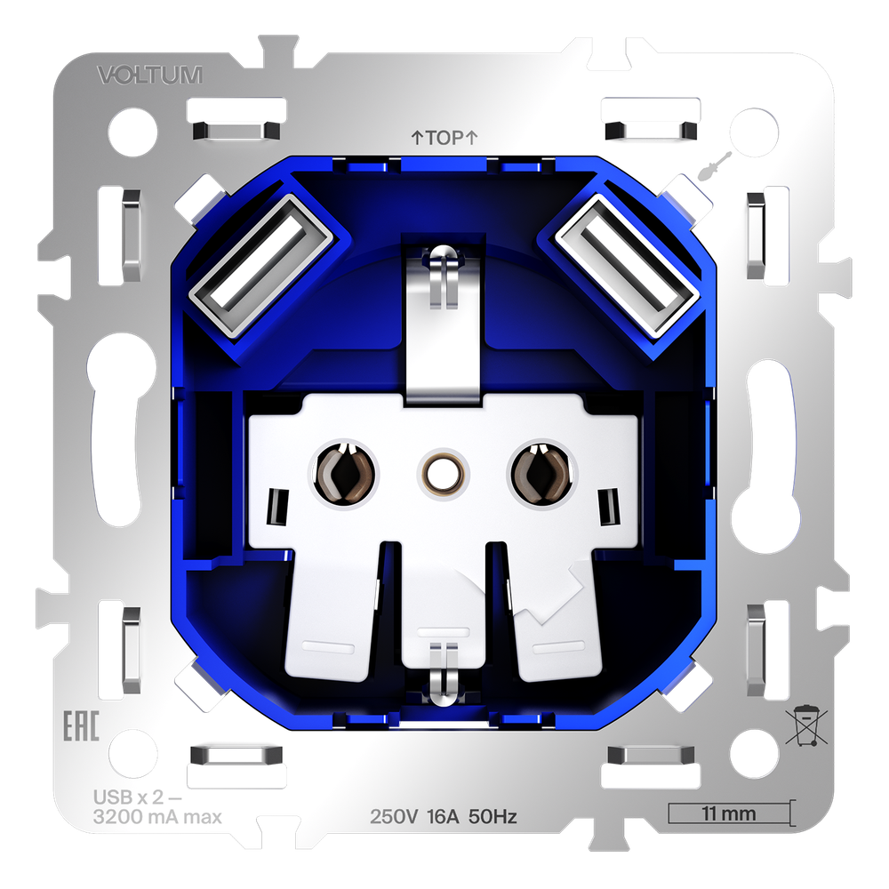 Механизм розетки с заземлением и защитными шторками 16А, с USB A+A, S70