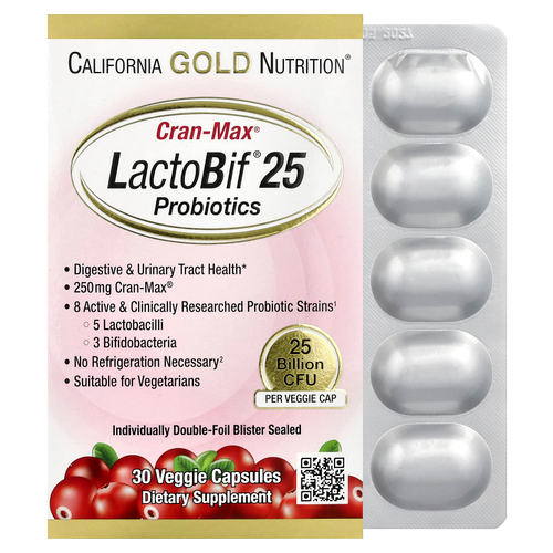 California Gold Nutrition, CranMax®, LactoBif®, пробиотики, 25 млрд КОЕ, 30 вегетарианских капсул