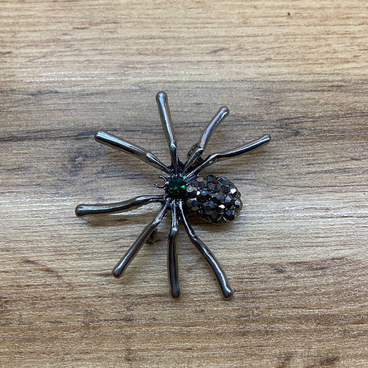 Брошь Паук стразы графитовые кристалл зеленый металл графитовый
