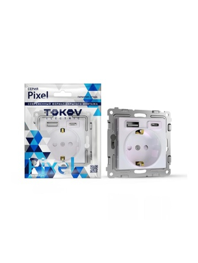 Розетка 1-м СП Pixel IP20 с заземл. с 2-мя заряд. устр. USB тип A+C механизм перламутр. TOKOV ELECTRIC TKE-PX-R1U2AC-C04