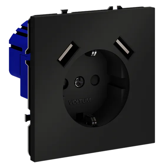 Розетка встраиваемая VOLTUM S70 с заземлением и защитными шторками, 16А, с USB, A+A, (черный матовый vls040408