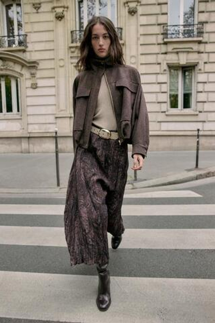 ZARA ЮБКА МИДИ С ПРИНТОМ И РЕМНЕМ, ТЕМНО-БАКЛАЖАНОВЫЙ