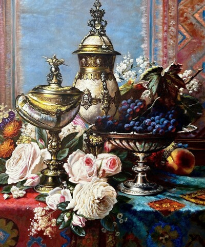 Натюрморт с розами, виноградом и раковиной наутилуса