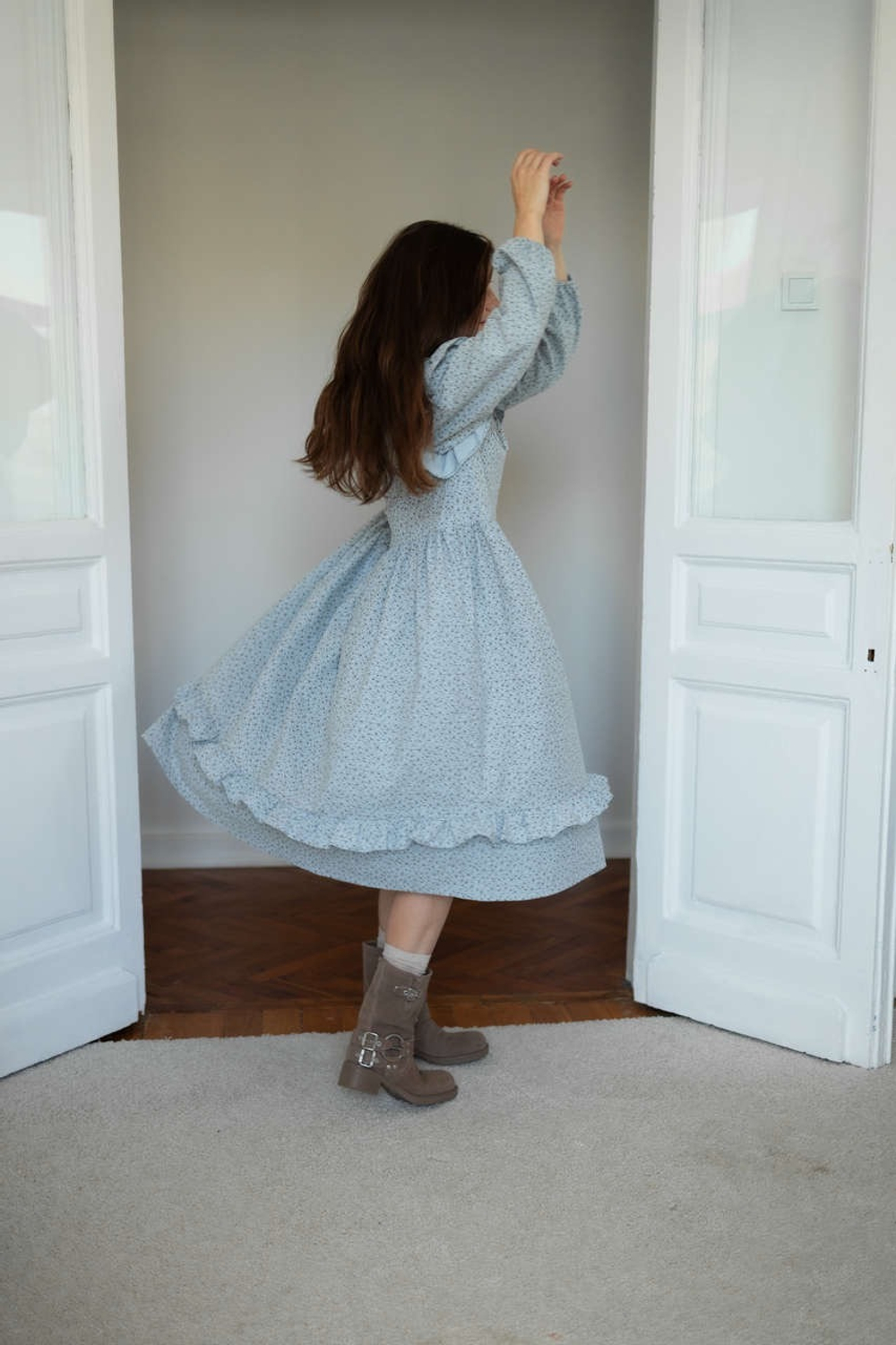 Платье Ася из фланели для беременных и кормящих мам, Серо-голубой с кофейными цветами