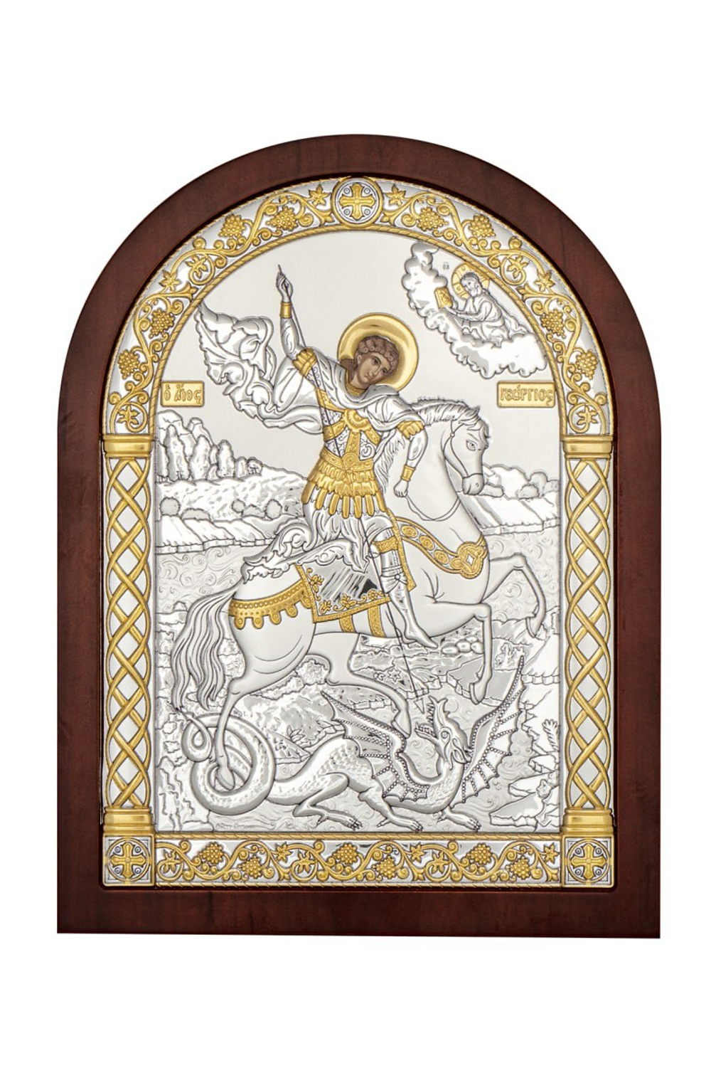 Георгий Победоносец, икона арочная, красное дерево 175х225