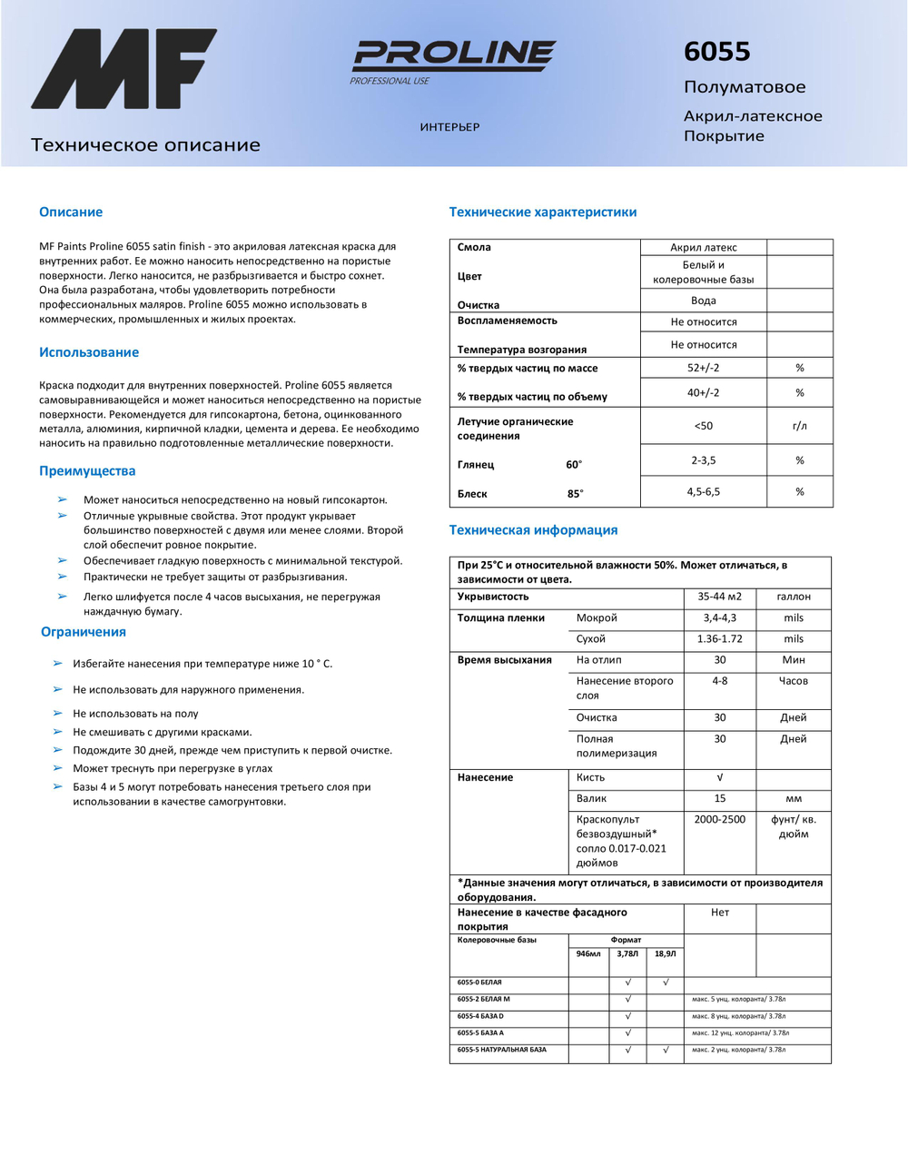 MF Paints Proline Blue 6055 Satin (полуматовый) моющаяся краска для стен