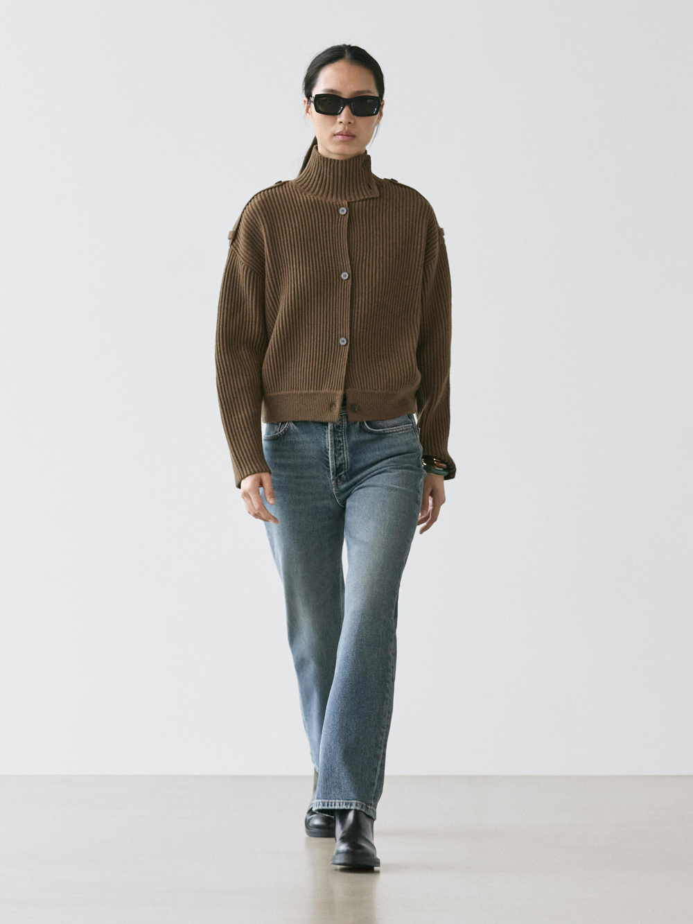 Massimo Dutti Кардиган из шерстяного трикотажа с пуговицами, хаки