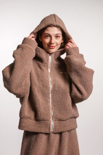 Худи на молнии укороченная из плюшевой ткани, какао