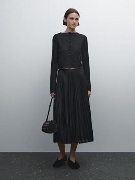 Massimo Dutti Плиссированная юбка миди, черный