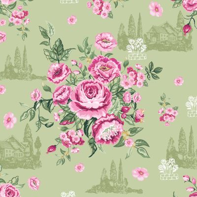 Букет роз и пионов, деревенский пейзаж