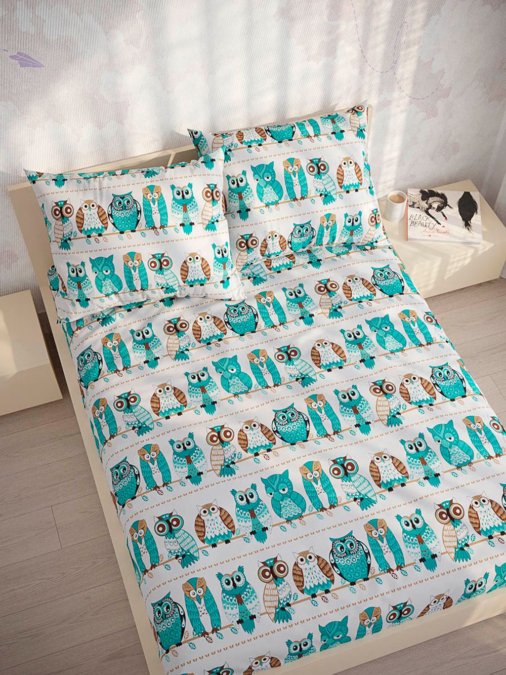 Постельное белье  полисатин Simple House "Owl" семейное  Наволочка 50x70 см 2 шт  Простынь на резинке 160x200 см  Пододеяльник 145x215 см 2шт