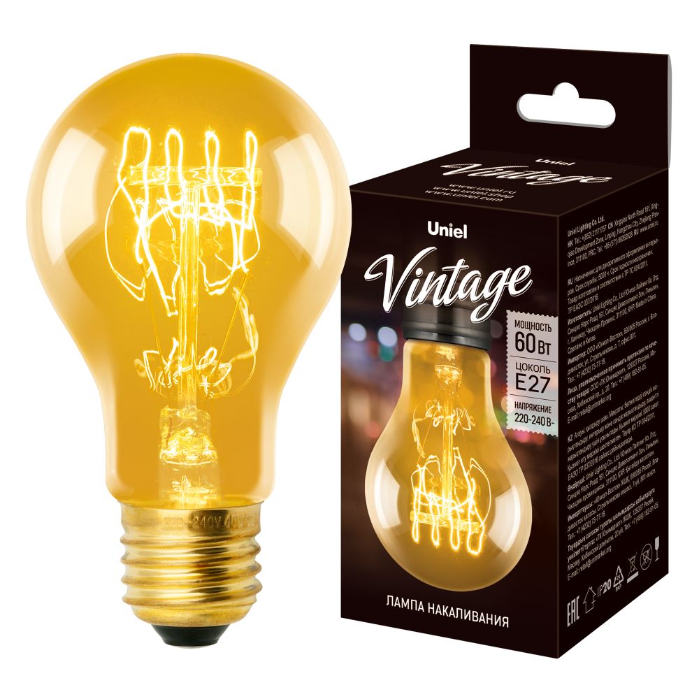 IL-V-A60-60-GOLDEN-E27 SW01 Лампа накаливания Vintage. Форма A. Форма нити SW. Картон. ТМ Uniel