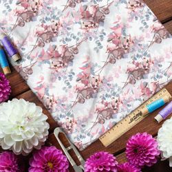 Ткань габардин цветущие ветви вишни на белом фоне