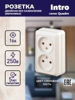Розетка Intro Quadro 2-203-02 двойная без заземления 2х2P 16А-250В IP20 открытой установки Quadro слоновая кость