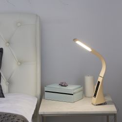 TLD-542 Cream-LED-300Lm-5000K-Dimmer Светильник настольный c часами. календарем. термометром. 5W. Сенсорный выключатель. Кремовый стилизован под кожу. TM Uniel.