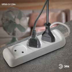 Удлинитель электрический ЭРА UX-3-1,5m без заземления 3 розетки 1,5м ПВС 2x0,75мм2 6А | Электротовары