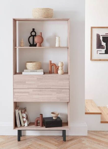 Дизайнерский книжный шкаф 2 ящика Виби 186х86х31 из дуба в стиле лофт, на металлических ножках