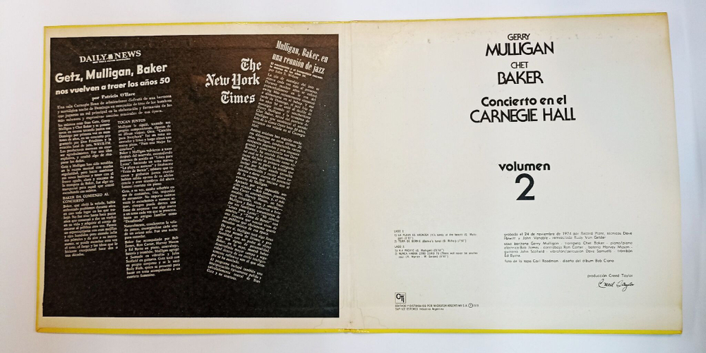 Винтажная виниловая пластинка LP Gerry Mulligan Chet Baker Carnegie Hall Concert Volume 2 (Argentina 1975)