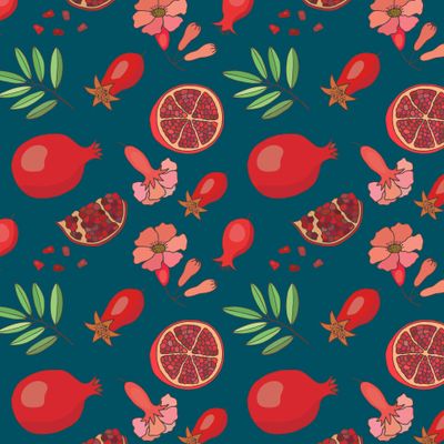 Seamless pattern of pomegranate fruit, slices, leaves, flowers.