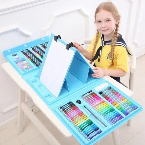 Набор для рисования со складным мольбертом в чемоданчике 176 предметов, цвет голубой