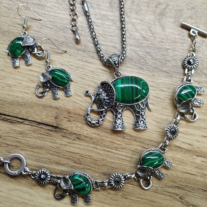 Набор бижутерии Слон: Подвеска (44x40 мм) + Браслет + Серьги, малахит, 46 см, 18 см